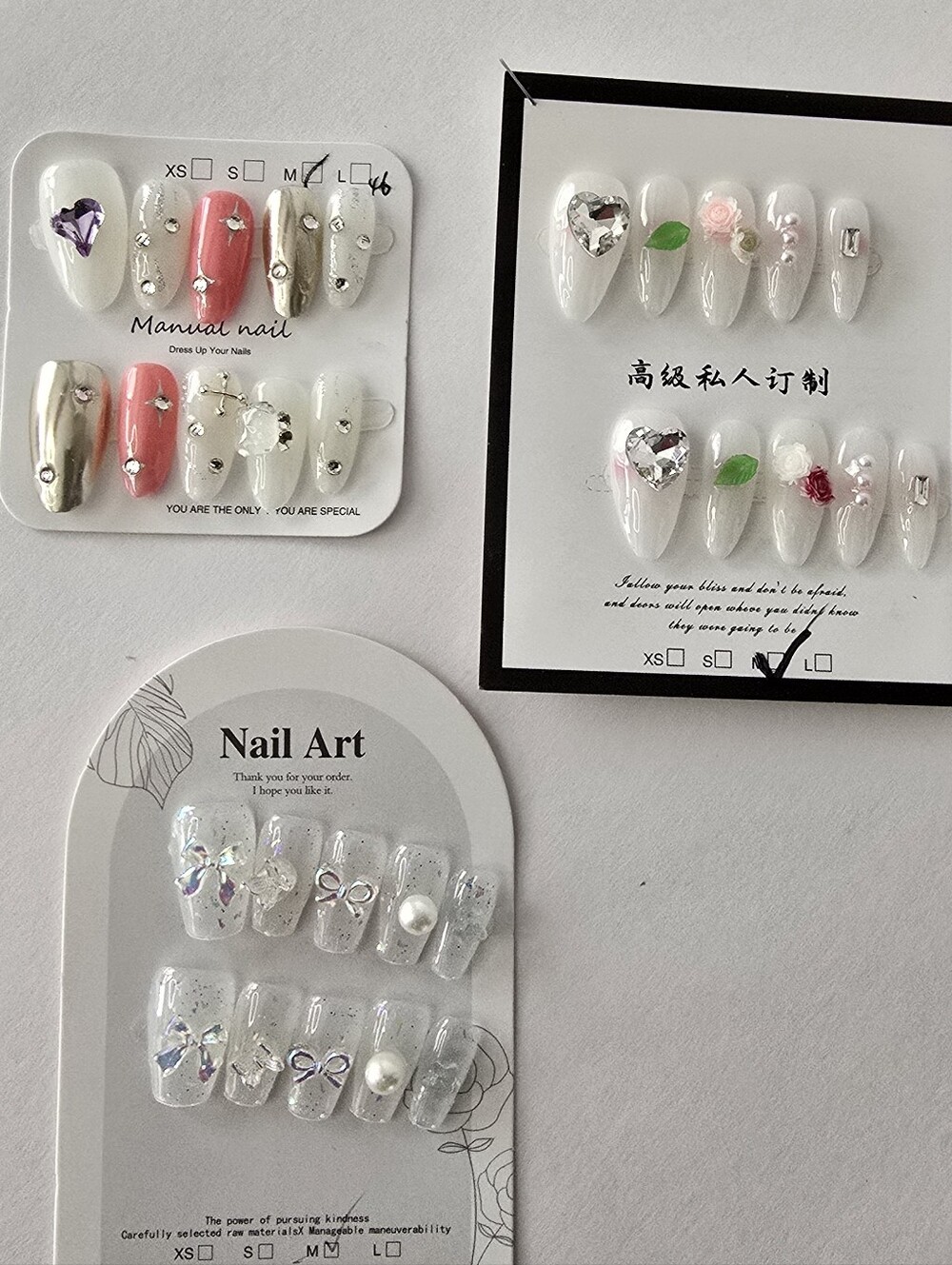 Handmade Assorted Acrylic Press On Nails Set, Rhinestone , Floral, Pearl ,Size M